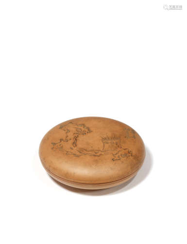 A CHINESE YIXING CIRCULAR BOX AND COVER 20TH CENTURY The cover carved in shallow relief with