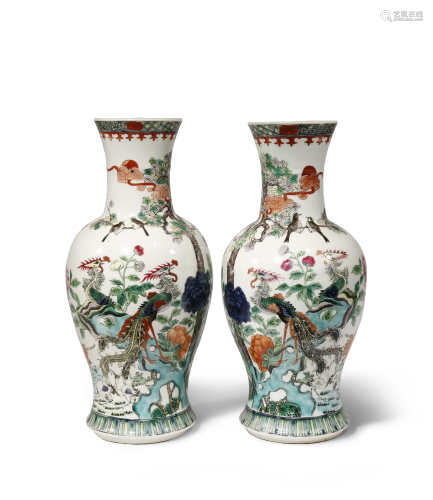 A PAIR OF CHINESE ROSE-VERTE 'BIRDS' VASES 19TH CENTURY Each painted with a pair of phoenix