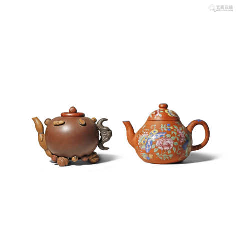 TWO CHINESE YIXING TEAPOTS AND COVERS LATE QING DYNASTY/REPUBLIC PERIOD One decorated with applied