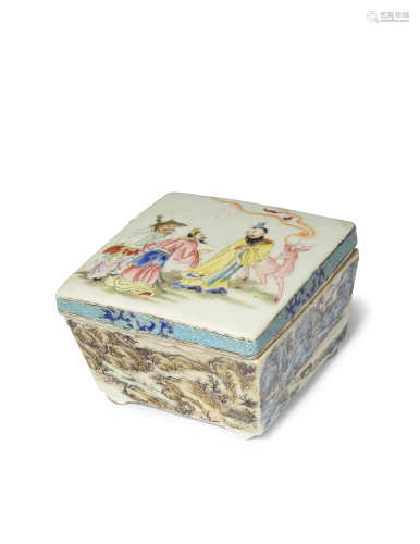 A CHINESE FAMILLE ROSE AND POLYCHROME SQUARE INK BOX AND COVER YONGZHENG 1723-35 The cover painted