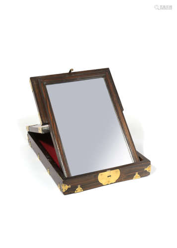 A BRASS-MOUNTED ELM TRAVELLING VANITY SET 19TH CENTURY Formed as a rectangular box and hinged