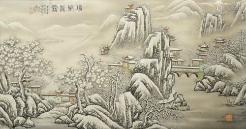 A LARGE CHINESE PORCELAIN 'LANDSCAPE' PANEL MODERN Depicting a snowy mountain scene, with polychrome
