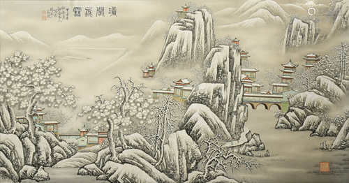 A LARGE CHINESE PORCELAIN 'LANDSCAPE' PANEL MODERN Depicting a snowy mountain scene, with polychrome