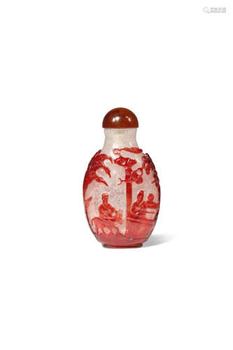 A CHINESE RED-OVERLAY GLASS SNUFF BOTTLE 19TH CENTURY With a flattened ovoid body, carved through