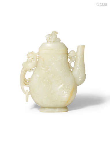 A CHINESE PALE CELADON JADE EWER AND COVER QING DYNASTY OR LATER Carved in shallow relief with