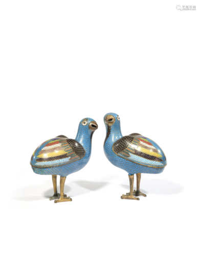 A PAIR OF CHINESE CLOISONNE MODELS OF QUAILS 19TH CENTURY Each standing with its head turned to