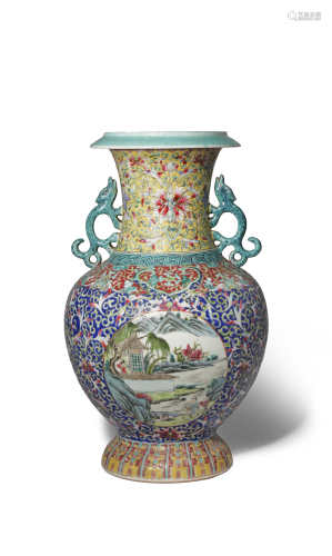 A CHINESE FAMILLE ROSE OVOID VASE 19TH CENTURY Painted in bright enamels with two panels enclosing