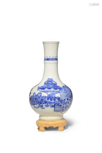 A SMALL CHINESE SOFT-PASTE BLUE AND WHITE BOTTLE VASE KANGXI 1662-1722 Painted with archaistic