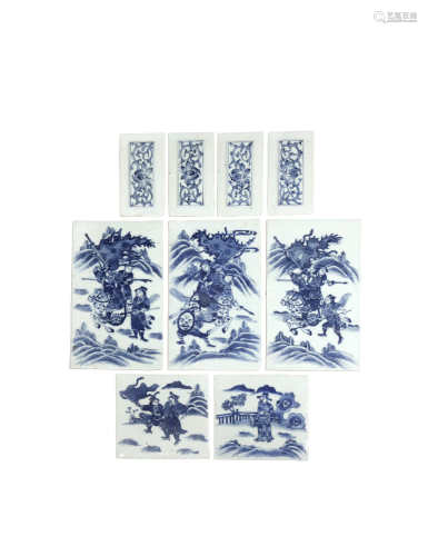 NINE CHINESE BLUE AND WHITE TILES 19TH CENTURY Comprising: three rectangular tiles painted with