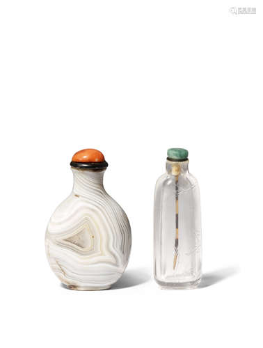 TWO CHINESE SNUFF BOTTLES 18TH AND 19TH CENTURY One rock crystal and carved to one side with