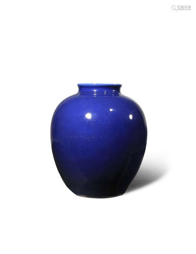 A CHINESE BLUE GLAZED OVOID VASE SIX CHARACTER QIANLONG MARK AND OF THE PERIOD 1736-95 Rising to a