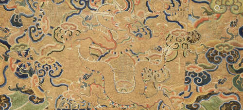 A CHINESE SILK BUDDHIST TRIBUTE 'DRAGON' PIECE LATE MING DYNASTY Woven in polychrome and gold-