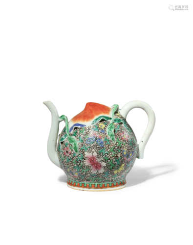 A CHINESE FAMILLE ROSE CADOGAN WINE POT 19TH CENTURY The peach-shaped body painted with