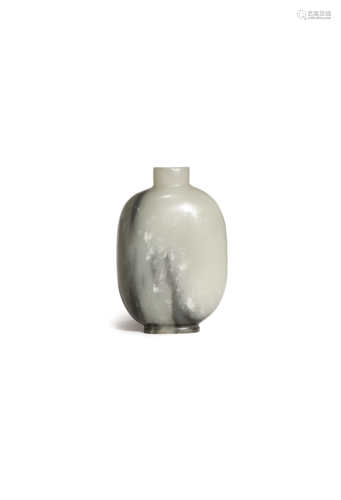 A CHINESE PALE CELADON AND GREY JADE 'THREE FRIENDS OF WINTER' SNUFF BOTTLE QING DYNASTY OR LATER