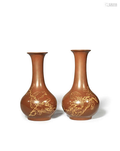 A PAIR OF CHINESE YIXING BOTTLE VASES QING DYNASTY OR LATER Each with an ovoid body rising from a