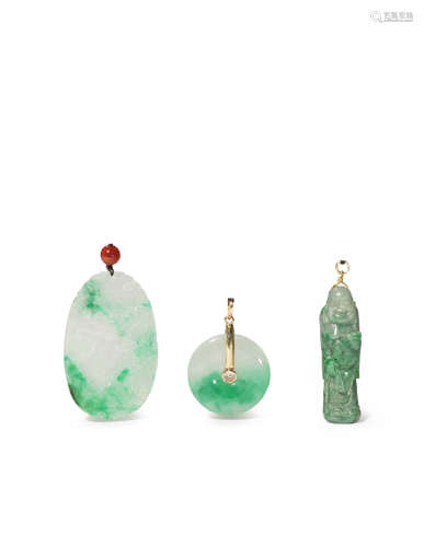 THREE CHINESE JADEITE PENDANTS MODERN One a bi disc mounted with a gold loop and a paste stone,