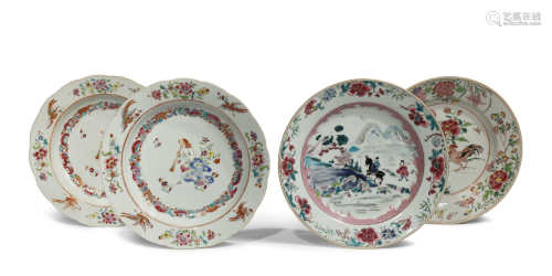 FOUR CHINESE FAMILLE ROSE DISHES QIANLONG 1736-95 Two a pair painted with a European man seated upon