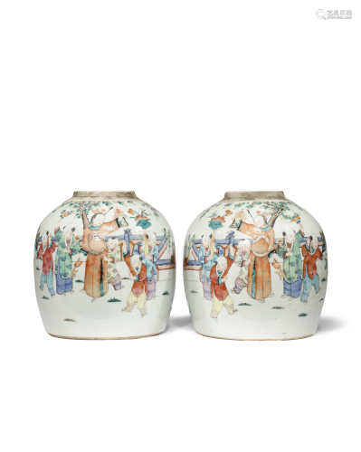 A PAIR OF CHINESE FAMILLE ROSE JARS 19TH CENTURY Decorated with scenes of children gathered around a