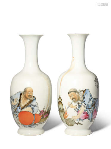 A PAIR OF CHINESE FAMILLE ROSE VASES 20TH CENTURY Painted in enamels with reclining figures and