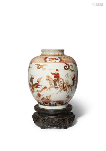 A CHINESE WUCAI OVOID JAR MING DYNASTY Painted predominantly in red and yellow enamels with a