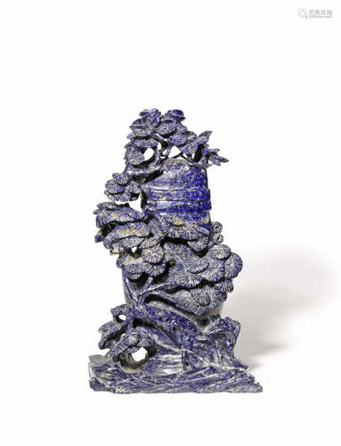 A CHINESE LAPIS LAZULI VASE AND COVER 19TH CENTURY Carved in high relief with a gnarled pine tree