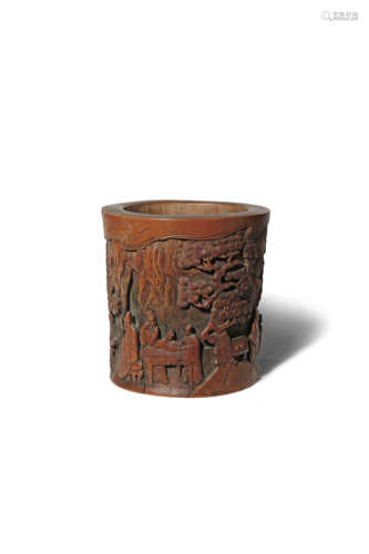 A CHINESE BAMBOO BITONG 20TH CENTURY The cylindrical body carved in relief with a continuous scene