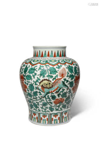 A CHINESE WUCAI JAR 19TH CENTURY Painted in coloured enamels with three lion dogs set against