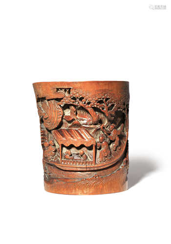 A CHINESE BAMBOO BITONG LATE QING DYNASTY One side carved in relief with figures on a sampan boating