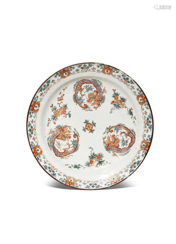 A CHINESE PORCELAIN DUTCH-DECORATED PLATE 18TH CENTURY The blank body later enamelled to the well