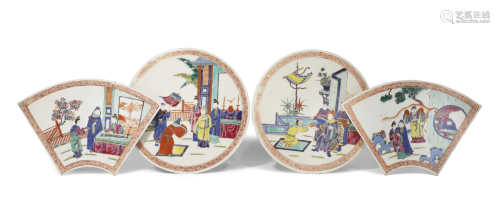 FOUR CHINESE FAMILLE ROSE TILES LATE QING DYNASTY Two circular and two fan-shaped, each depicting