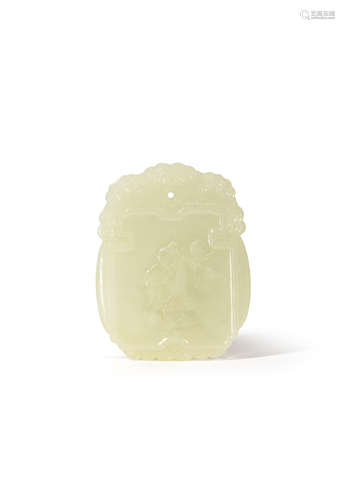 A CHINESE WHITE JADE PENDANT QING DYNASTY OR LATER Carved in shallow relief to one side with a boy