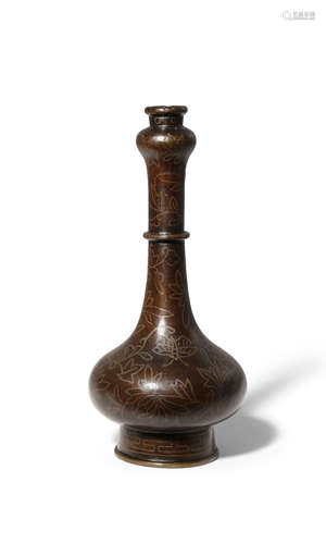 A CHINESE 'SHI SOU' SILVER INLAID BRONZE GARLIC-MOUTH VASE 17TH/18TH CENTURY The compressed body and