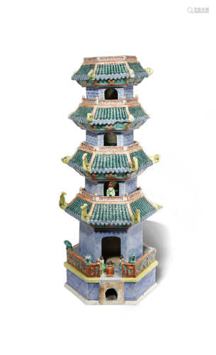 A CHINESE PORCELAIN MODEL OF A PAGODA QIANLONG 1736-95 The hexagonal-section structure brightly