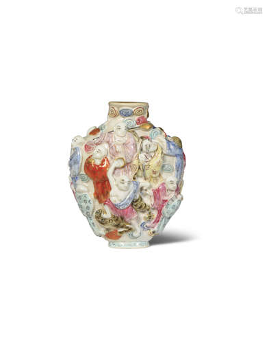 A CHINESE FAMILLE ROSE 'EIGHTEEN LUOHANS' MOULDED SNUFF BOTTLE 19TH CENTURY The flattened ovoid body