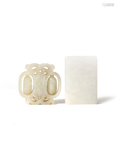 TWO CHINESE JADE PENDANTS QING DYNASTY OR LATER The rectangular pendant of an even white colour, the