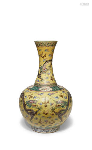 A CHINESE FAMILLE ROSE 'FIVE DRAGON' BOTTLE VASE 19TH CENTURY Painted with the mythical beasts in