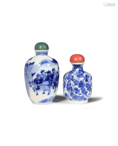 TWO CHINESE BLUE AND WHITE SNUFF BOTTLES 19TH CENTURY The larger bottle with an ovoid body,