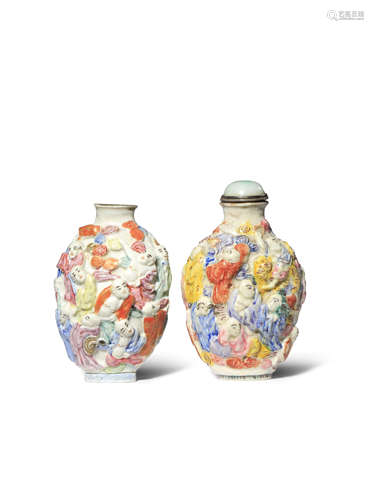 TWO CHINESE FAMILLE ROSE 'EIGHTEEN LUOHANS' MOULDED SNUFF BOTTLES 19TH CENTURY Each decorated in