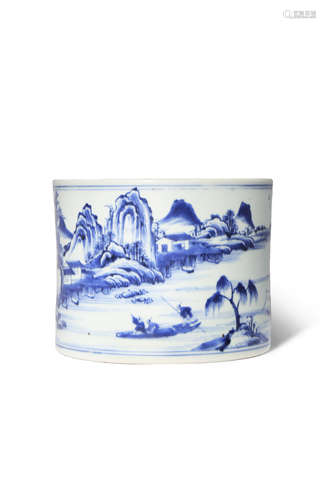 A CHINESE BLUE AND WHITE 'LANDSCAPE' BITONG YONGZHENG 1723-35 The cylindrical body painted with a