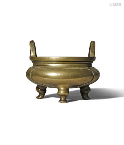 A CHINESE BRONZE TRIPOD INCENSE BURNER 19TH CENTURY The compressed circular body with two loop