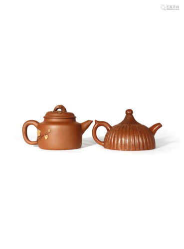 TWO CHINESE YIXING TEAPOTS AND COVERS 20TH CENTURY One shaped with narrow lobes resembling