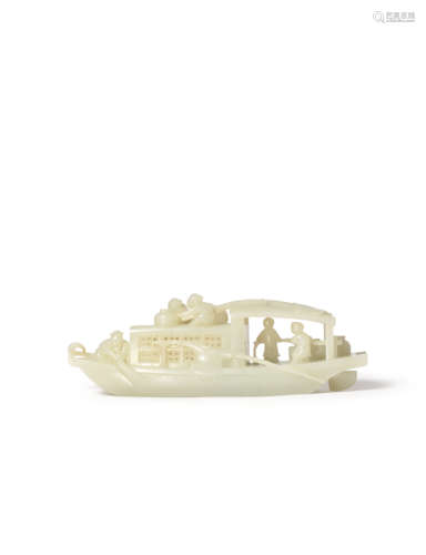 A CHINESE PALE CELADON JADE MODEL OF A SAMPAN QING DYNASTY OR LATER Carved with figures on a