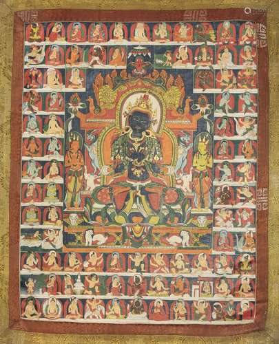 A TIBETAN THANGKA 19TH/20TH CENTURY Painted with a crowned Boddhisattva seated in dhyanasana on a