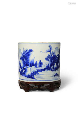 A CHINESE BLUE AND WHITE 'LANDSCAPE' BITONG KANGXI 1662-1722 The cylindrical body painted with a