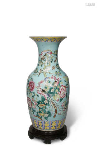 A CHINESE FAMILLE ROSE TURQUOISE-GROUND VASE 19TH CENTURY The ovoid body rising to a flared neck,