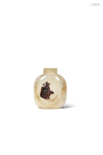 A CHINESE AGATE SNUFF BOTTLE 18TH CENTURY Carved to one side in low relief with a fisherman seated