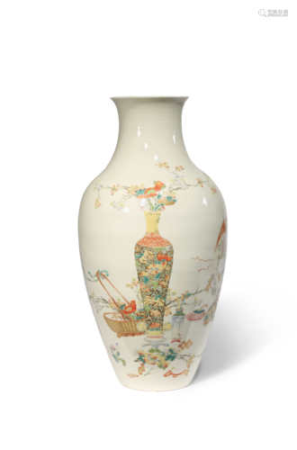 A CHINESE FAMILLE ROSE 'PRECIOUS OBJECTS' VASE REPUBLIC PERIOD The ovoid body rising to a flaring