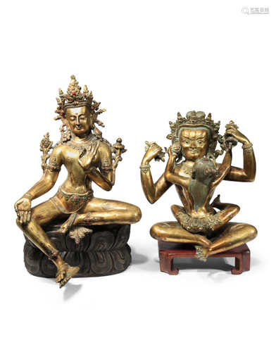 TWO TIBETAN BRONZE FIGURES 20TH CENTURY One depicting Green Tara seated in lalitasana with her hands