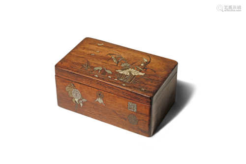 A CHINESE INLAID HARDWOOD RECTANGULAR BOX LATE QING DYNASTY Decorated in mother of pearl and mixed