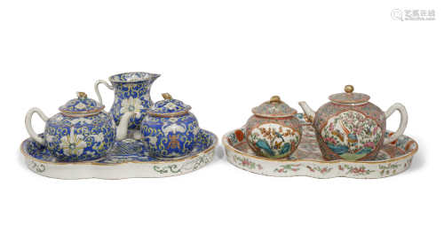 TWO CHINESE ENAMELLED PART CABARET SETS 19TH CENTURY Comprising: two teapots and covers, two sugar